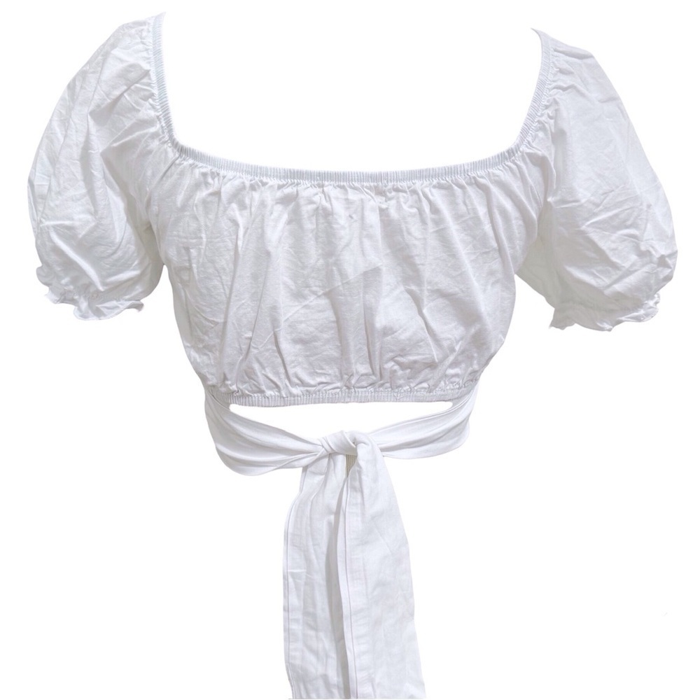 Altar’d State White Crop Peasant Blouse Belted Blouse Puff Sleeve Size Medium - Picture 3 of 11